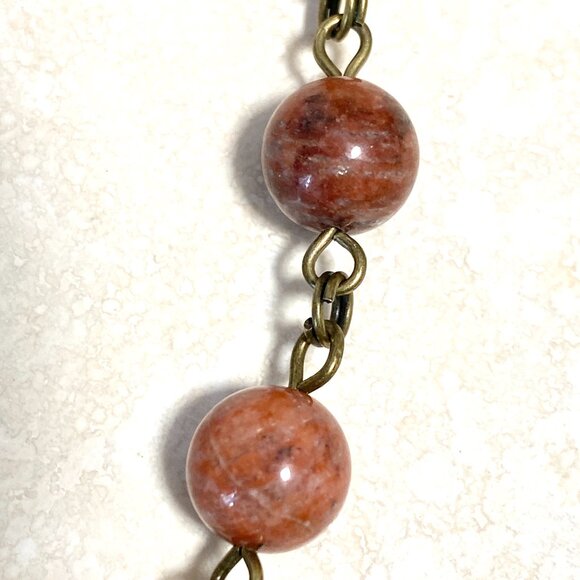 Genuine Red Jasper Short Necklace, Cute Bronze Round Mushroom + Natural Gemstone - Picture 9 of 14